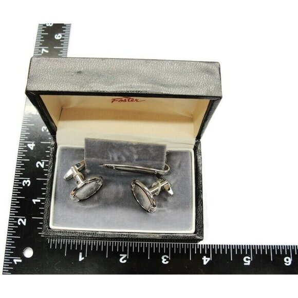 Foster Cufflinks Set Tie Bar Silver Tone Textured Finish Shirt Suit Vintage IOB - Picture 6 of 9